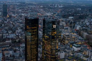 aerial view of the city and Deutsche Bank from the observation deck Frankfurt am Main Germany