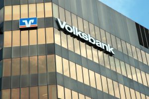 Freiburg, Baden-Wuerttemberg, Germany - May 13, 2005: Sign with the logo of the german credit union Volksbank - Raiffeisenbank, Germany